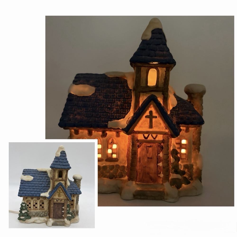 Vintage Porcelain Snowy Church Christmas Village Lighted Illuminated Victorian